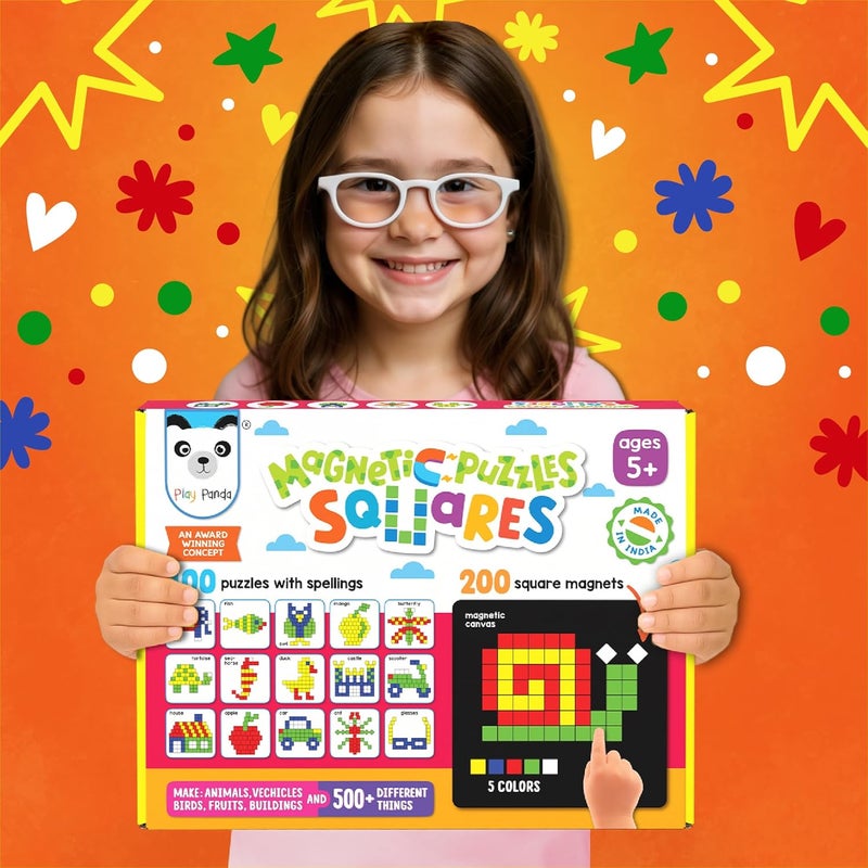 Play Panda Magnetic Puzzles: Squares - 250 Colorful Magnets, 100 Puzzle Book, Magnetic Board & Display Stand - Image 4